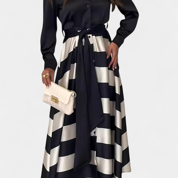 Nessia Dlouhé Pruhované Košilové Šaty s Páskem