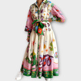 Maxi šaty s páskem a balónovými rukávy