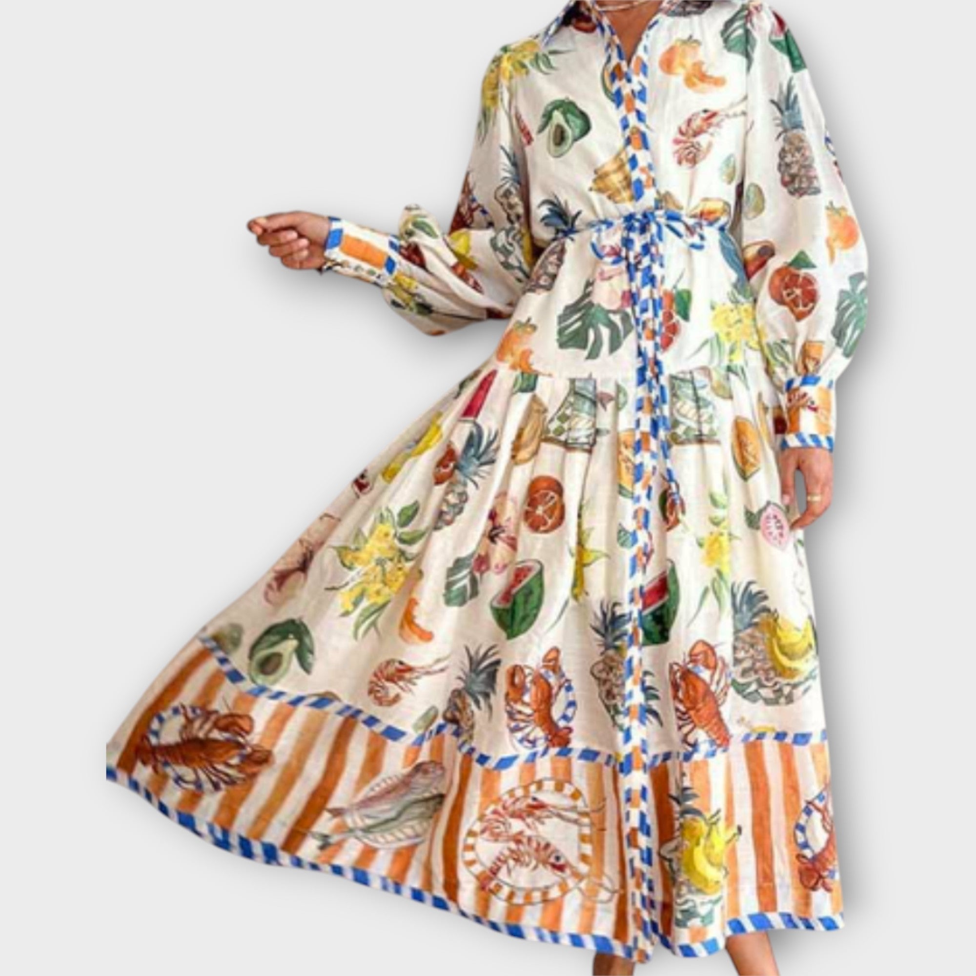 Maxi šaty s páskem a balónovými rukávy