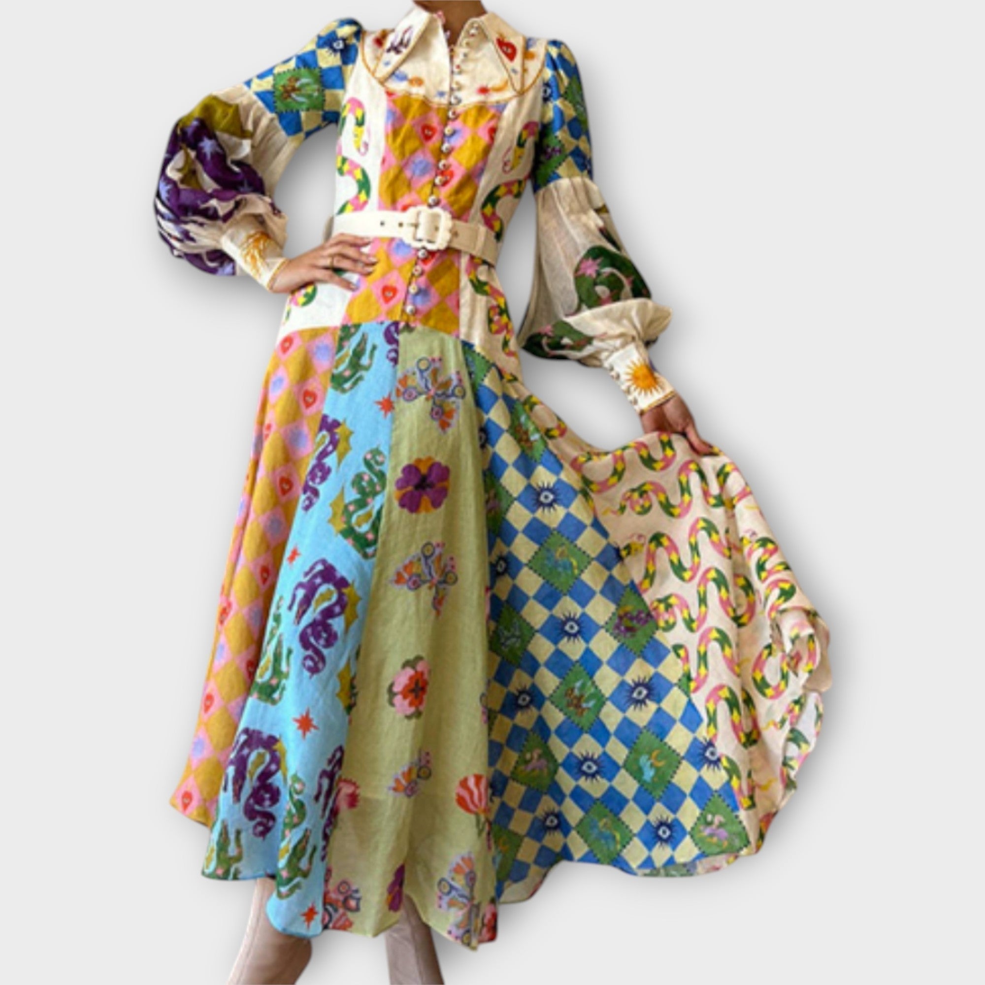 Maxi šaty s páskem a balónovými rukávy