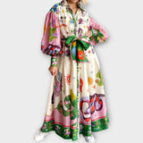 Maxi šaty s páskem a balónovými rukávy