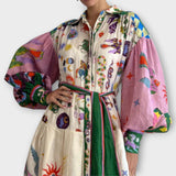 Maxi šaty s páskem a balónovými rukávy