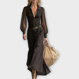 Maxi šaty s průhlednými rukávy a knoflíkovým zapínáním