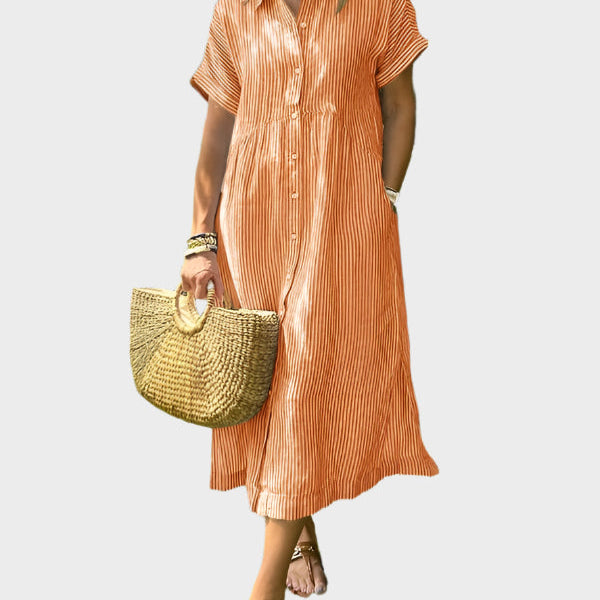Pruhované košilové šaty s klopami, knoflíky a funkčními kapsami