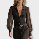 Maxi šaty s průhlednými rukávy a knoflíkovým zapínáním