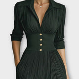 Elegantní plisovaná límcová maxi šaty s dlouhým rukávem