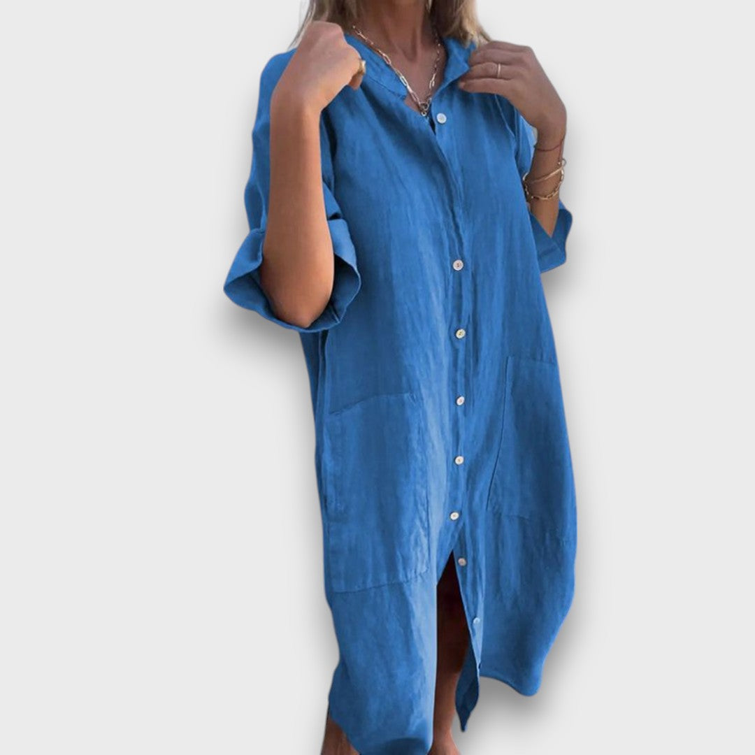 Lněné šaty s knoflíky a kapsami
