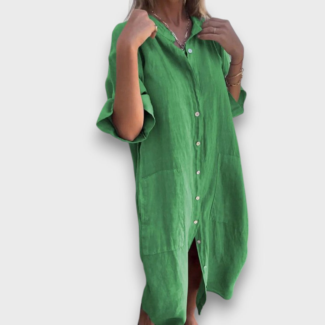 Lněné šaty s knoflíky a kapsami