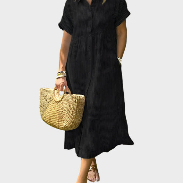 Pruhované košilové šaty s klopami, knoflíky a funkčními kapsami