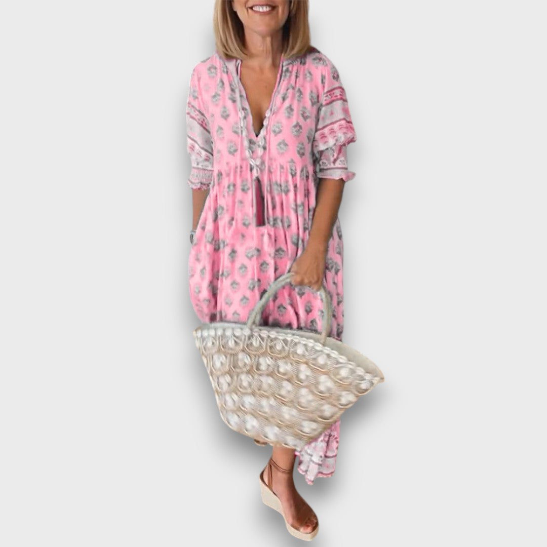 Vzdušné Boho Šaty s 3/4 Rukávy a Krajkovým Výstřihem do V