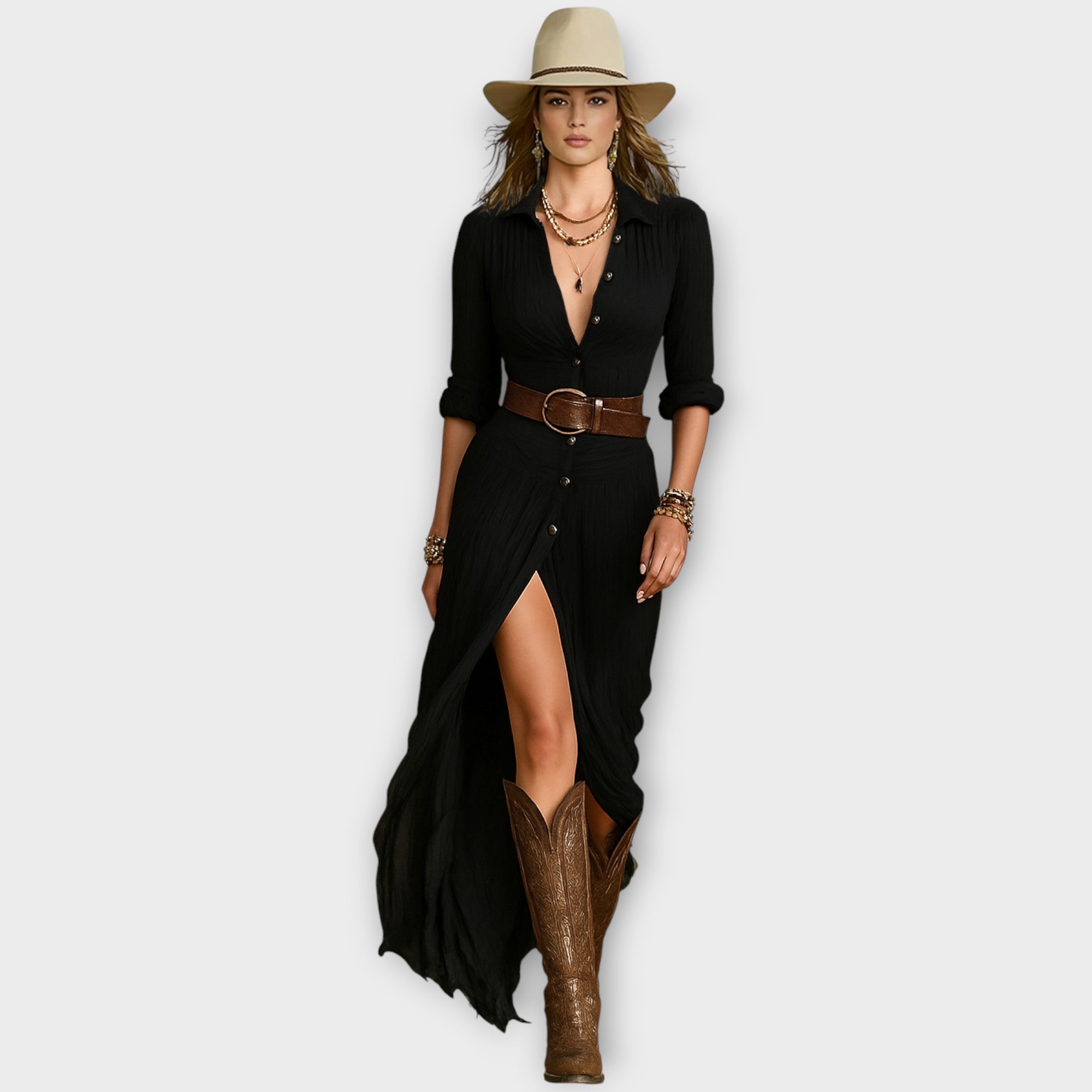 Elegantní maxi šaty s knoflíky v západním stylu