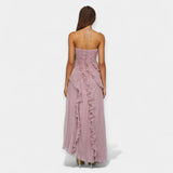 Fialové midi šaty s nastavitelnými volány