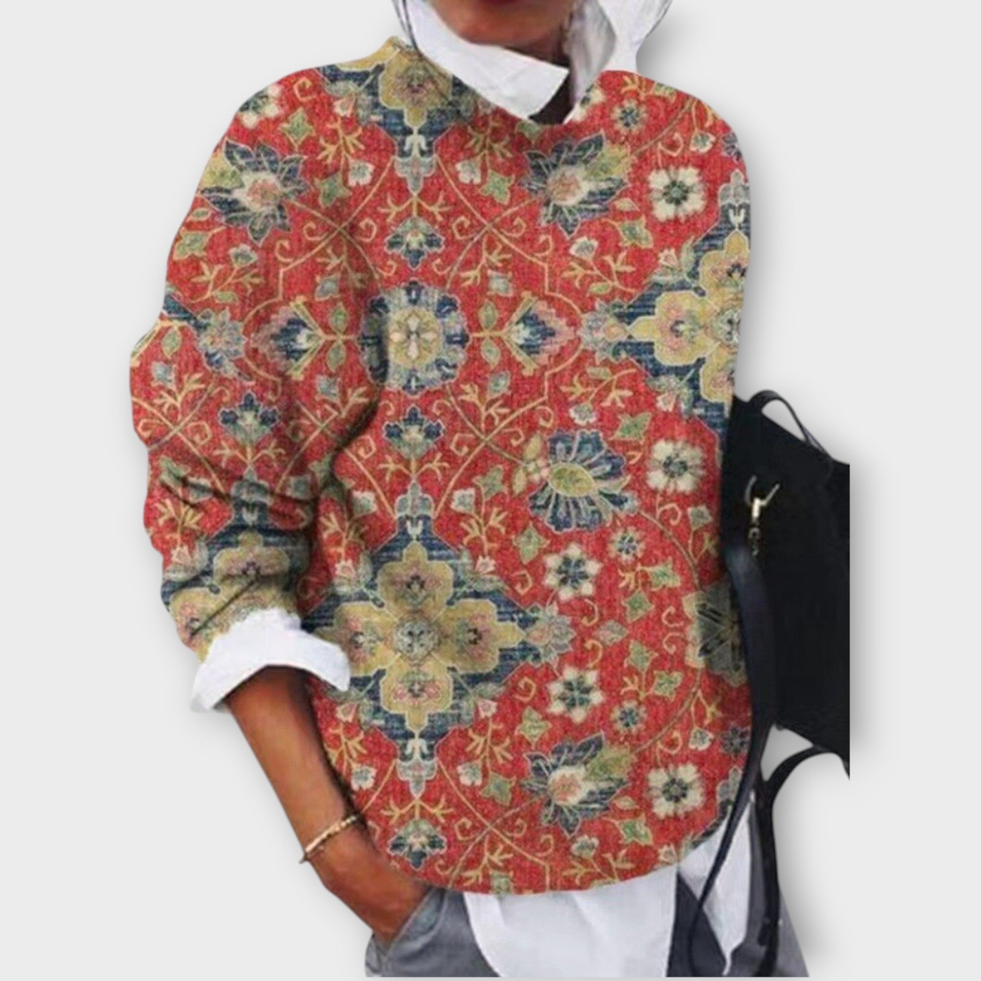 Elegantní vzorovaný svetr s uměleckými detaily