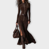 Vintage hnědé maxi šaty s zipem a páskem