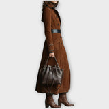 Vintage Suede Dvojřadový Dlouhý Kabát