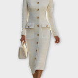 Elegantní midi šaty z tweedu s knoflíkovým zapínáním