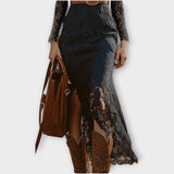 Vintage Bohemian Krajková Midi Šaty s Dlouhým Rukávem