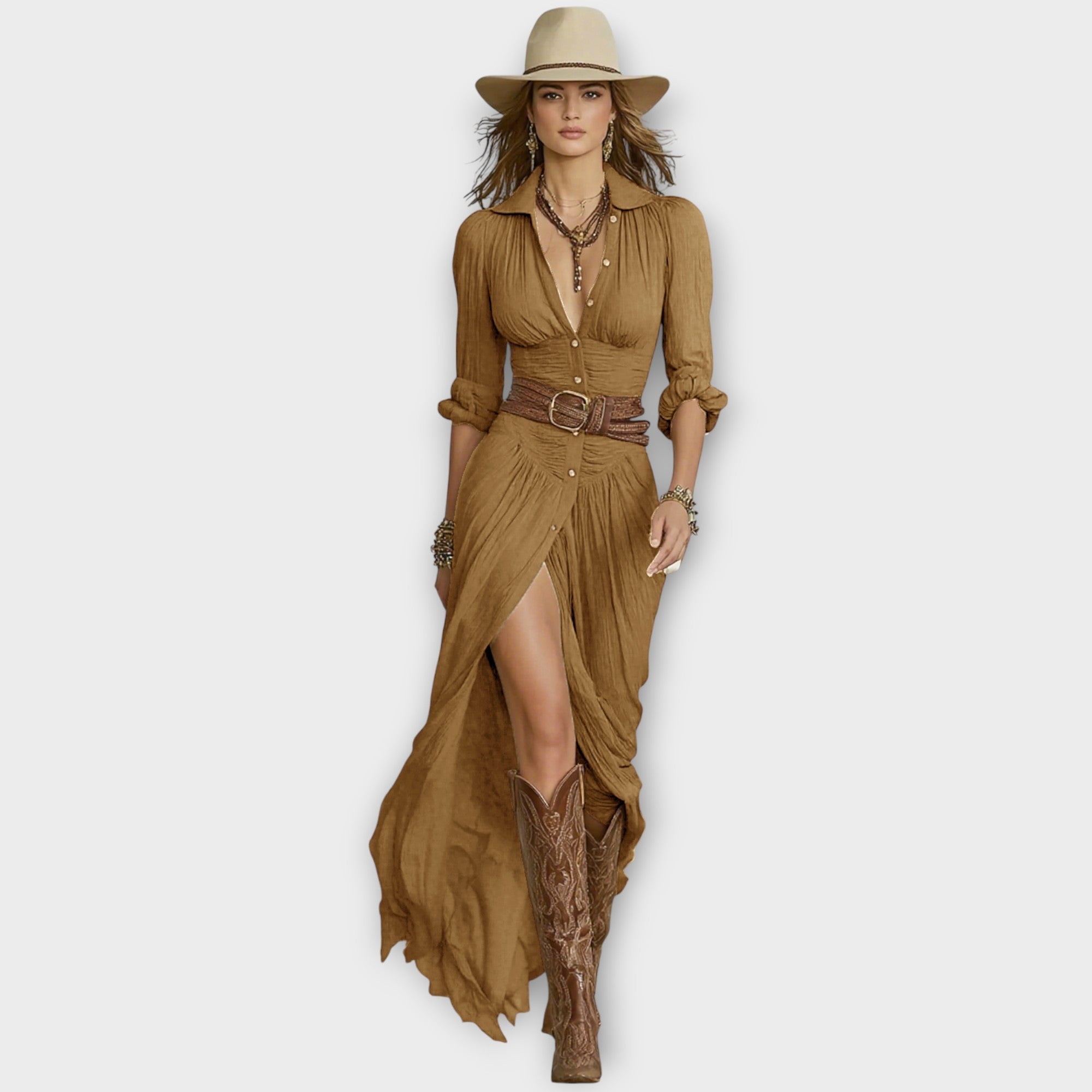 Elegantní maxi šaty s knoflíky v západním stylu