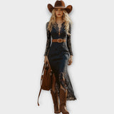 Vintage Bohemian Krajková Midi Šaty s Dlouhým Rukávem