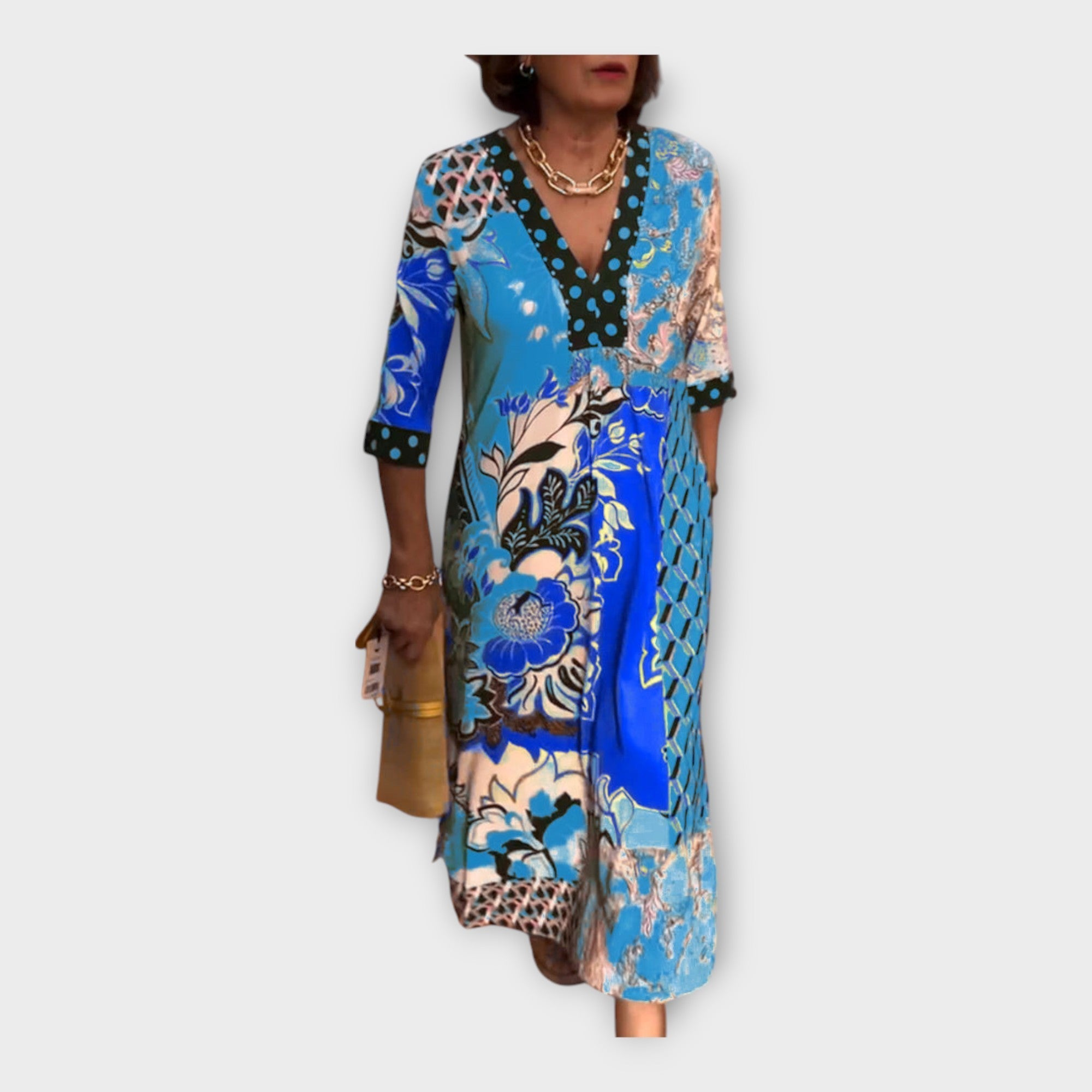 Vícebarevné šaty s knoflíky a 3/4 rukávy