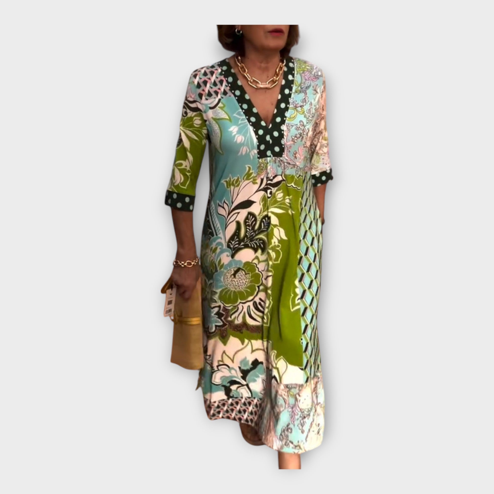 Vícebarevné šaty s knoflíky a 3/4 rukávy