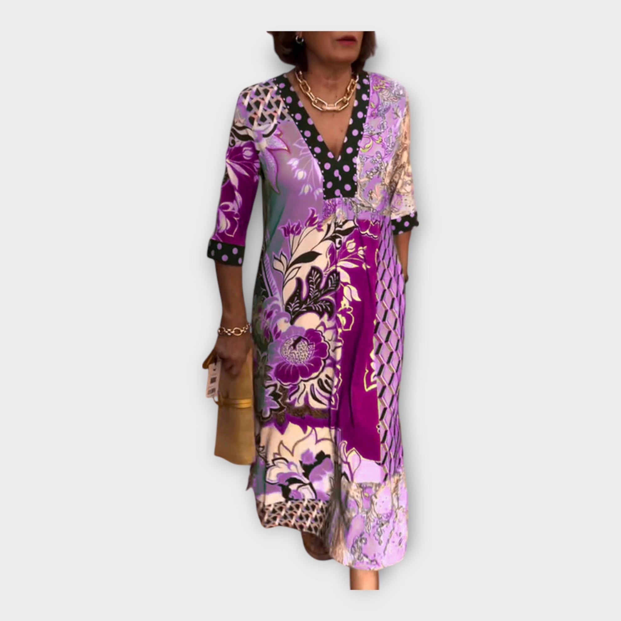 Vícebarevné šaty s knoflíky a 3/4 rukávy